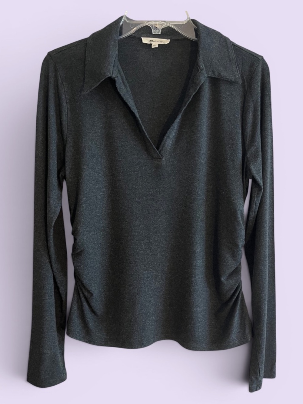 Madewell Charcoal Johnny Collar Pullover Blouse Ruched Sides Size L